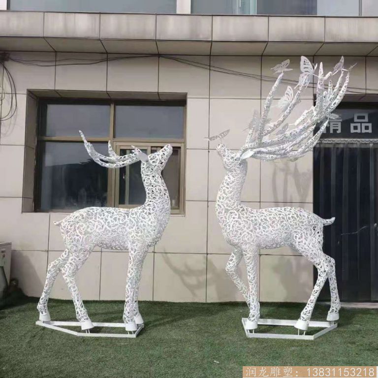 不锈钢镂空蝴蝶鹿雕塑 动物摆件厂家